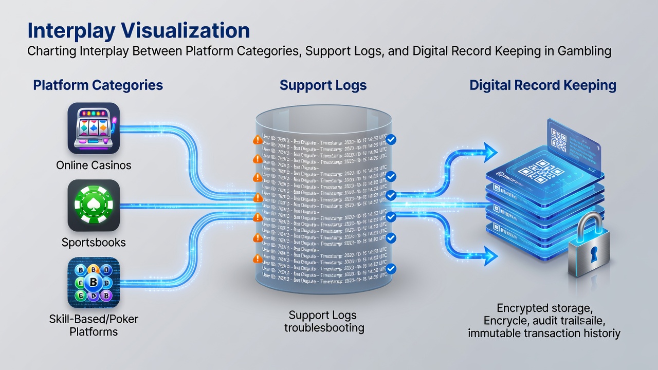 Flowchart illustrating how support logs feed into digital archives across different gambling platform types