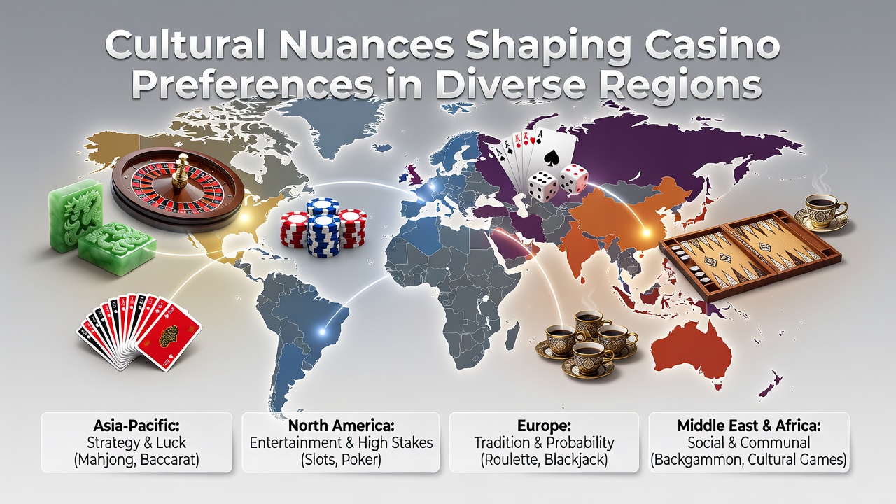 Diverse groups of people engaging with casino games that reflect regional cultural traditions