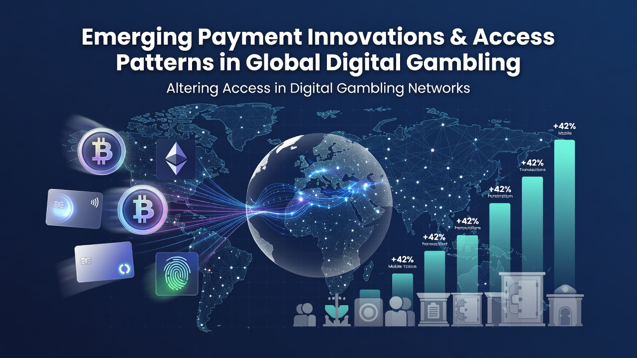 Digital payment icons and global network connections representing online gambling transactions