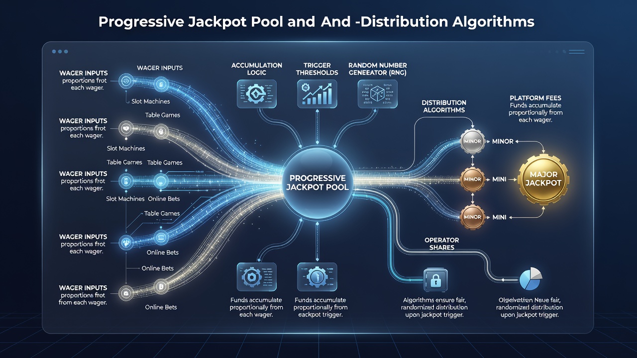 Diagram showing how progressive jackpot pools accumulate contributions from multiple linked machines across different casinos