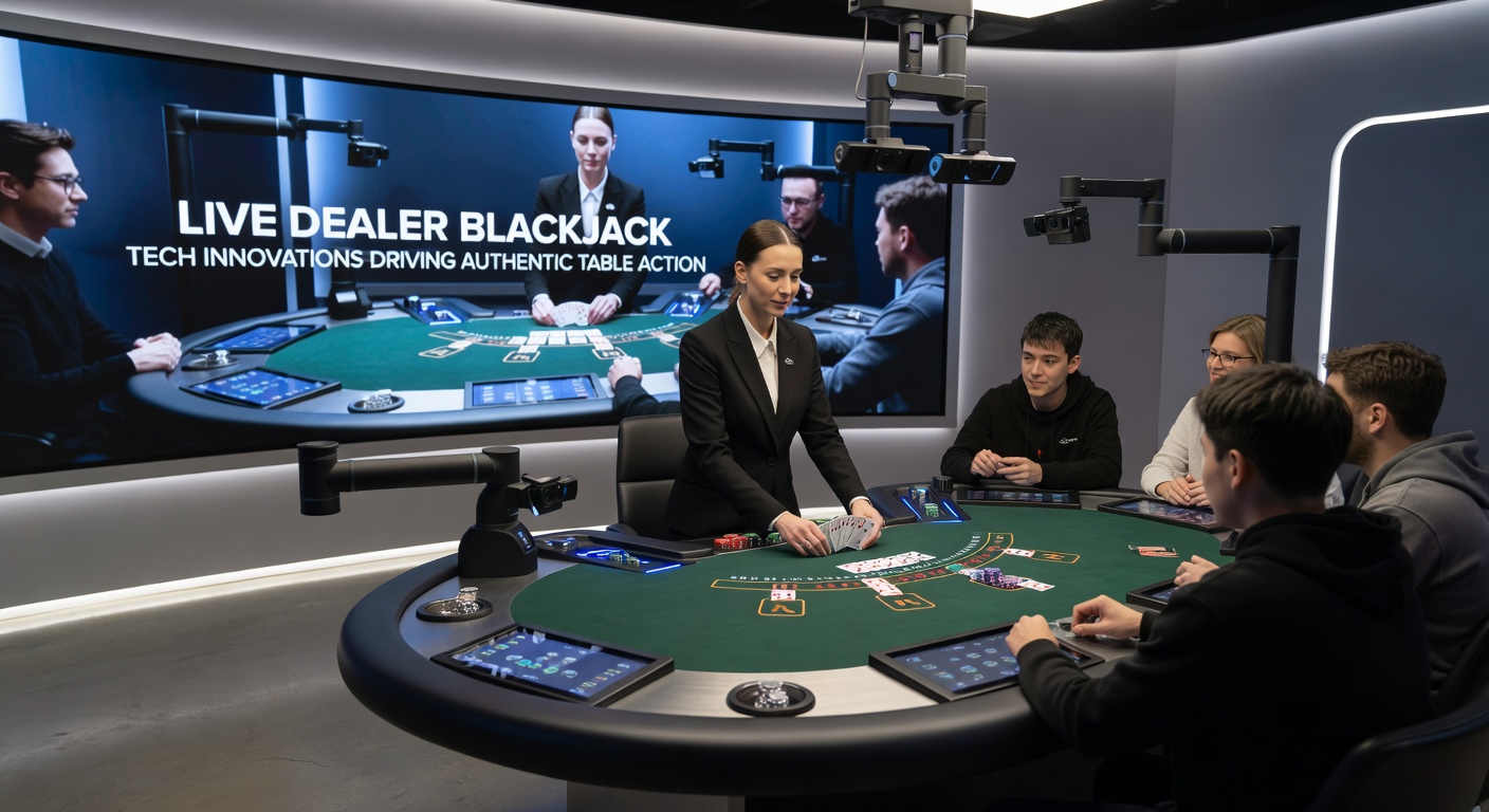 A live dealer at a blackjack table, dealing cards under studio lights with digital overlays showing player bets