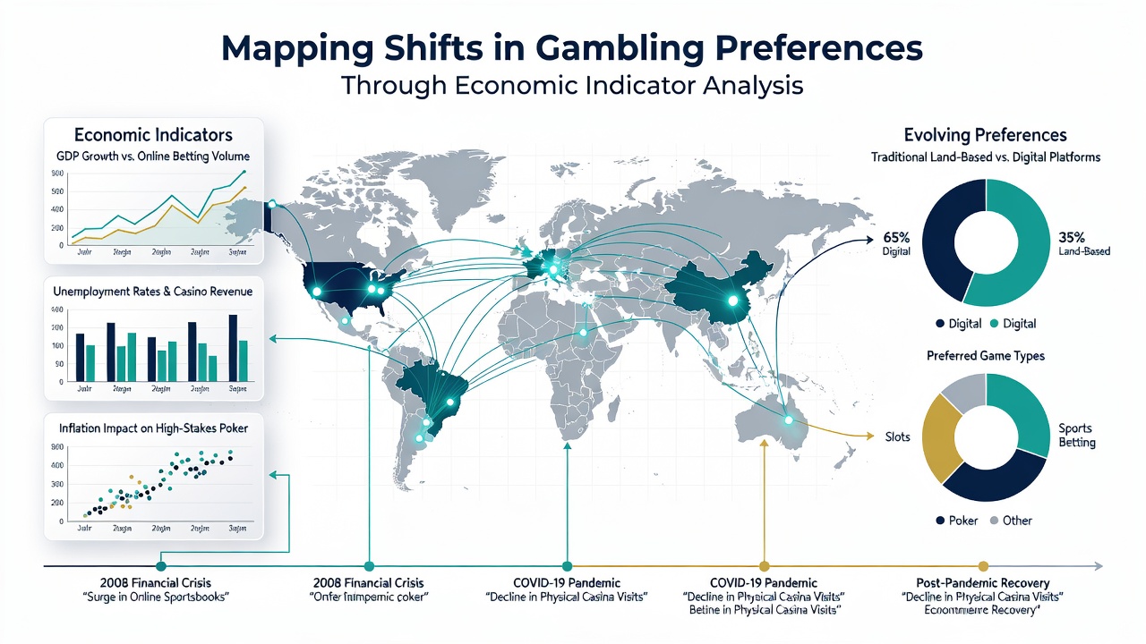 Global map overlay with economic indicators and gambling trend arrows illustrating preference shifts