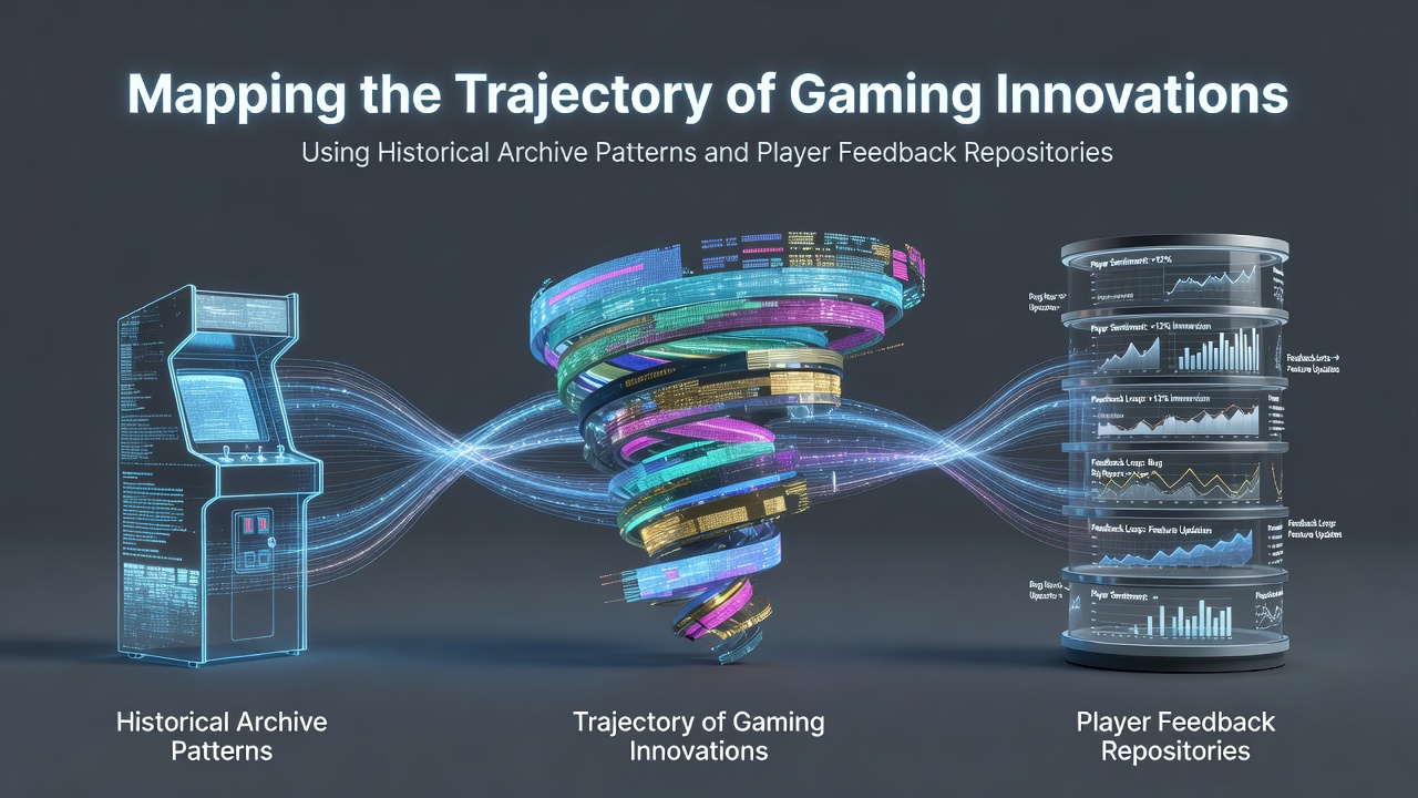 Historical gaming archives and player feedback repositories visualized in a digital interface