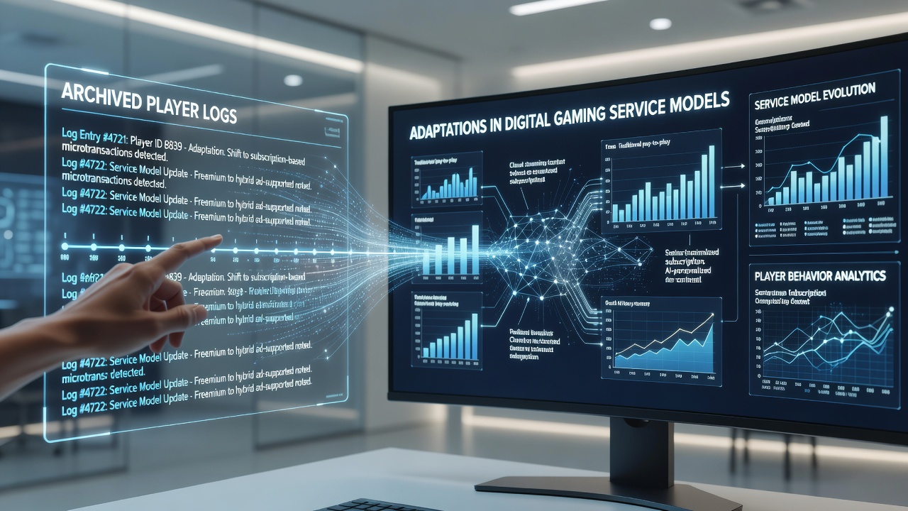 Analyst reviewing historical player activity records on multiple screens in a data center