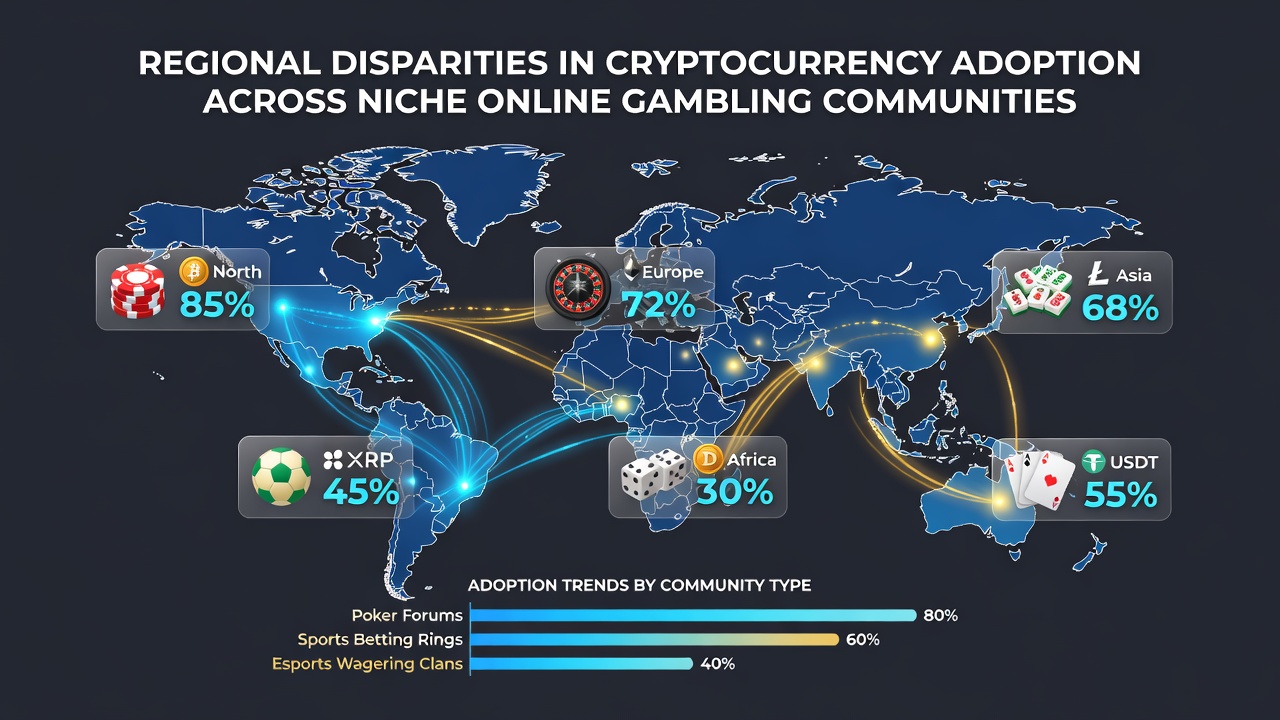 Infographic map displaying cryptocurrency adoption levels across different global regions in niche online gambling communities