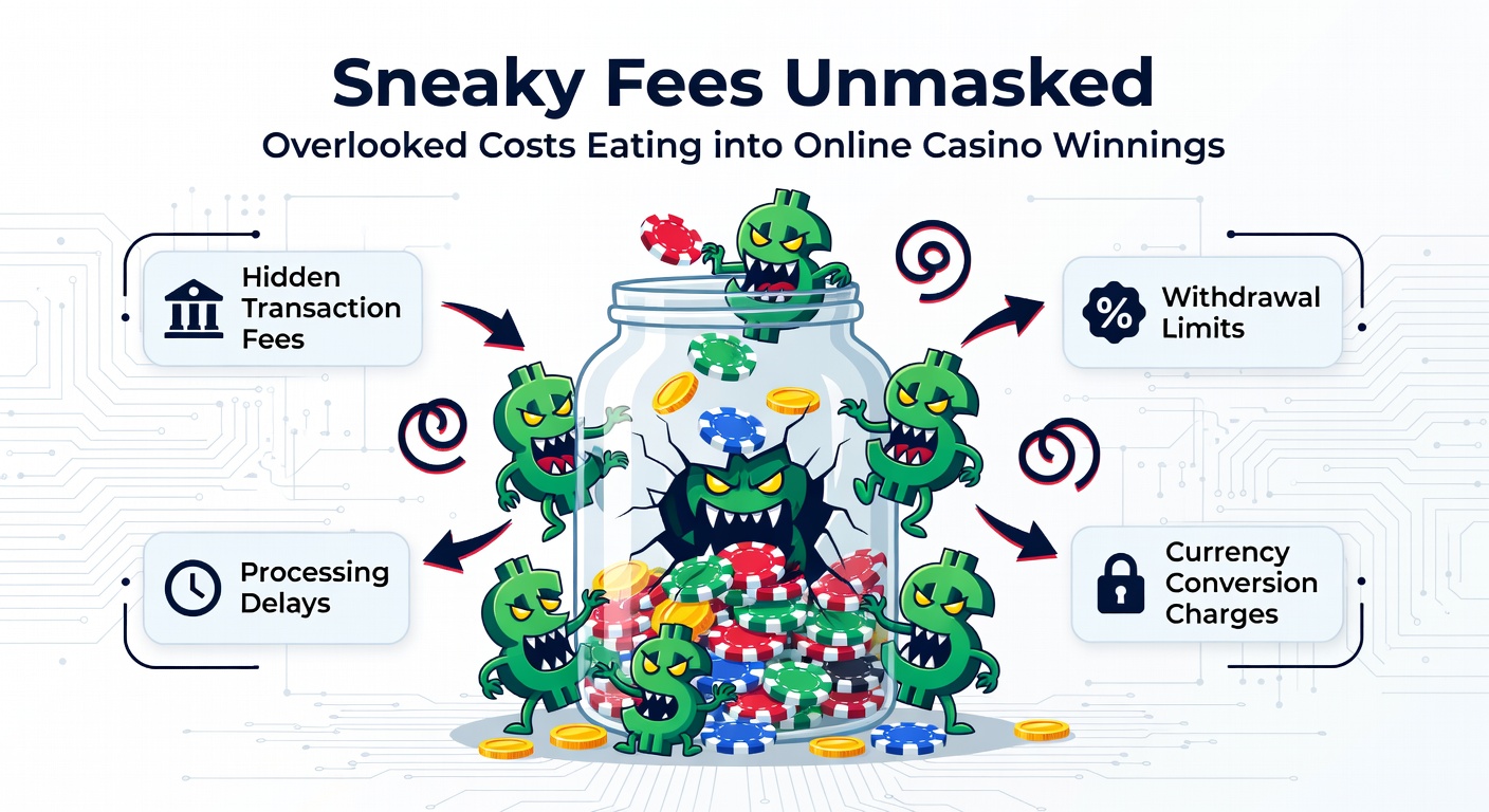 Infographic breaking down common casino fees like withdrawal cuts and conversion rates, with pie charts showing impact on winnings
